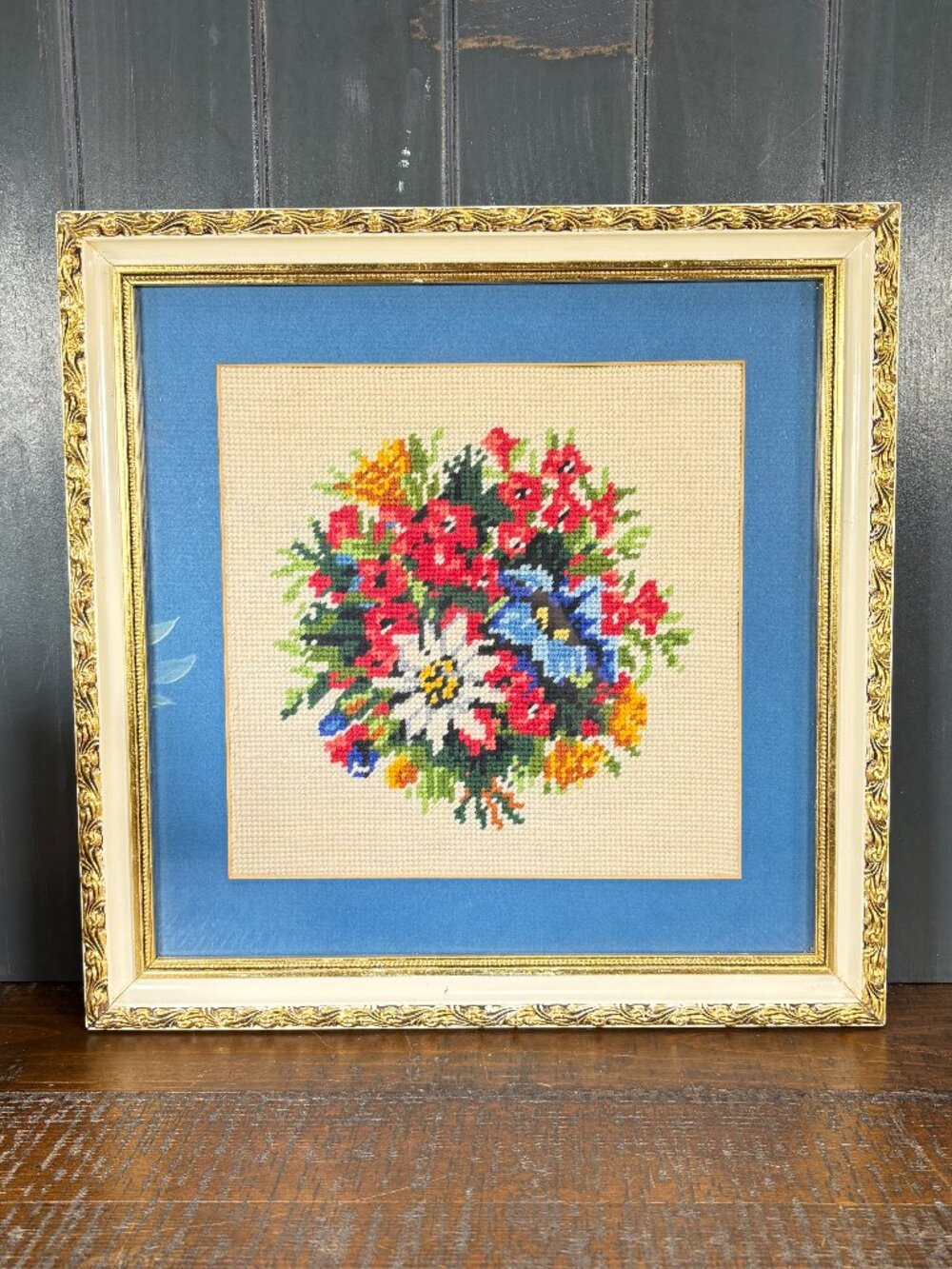 Vintage Floral Needlepoint Framed Art Gift, Handmade Embroidery Bouquet Wall Art